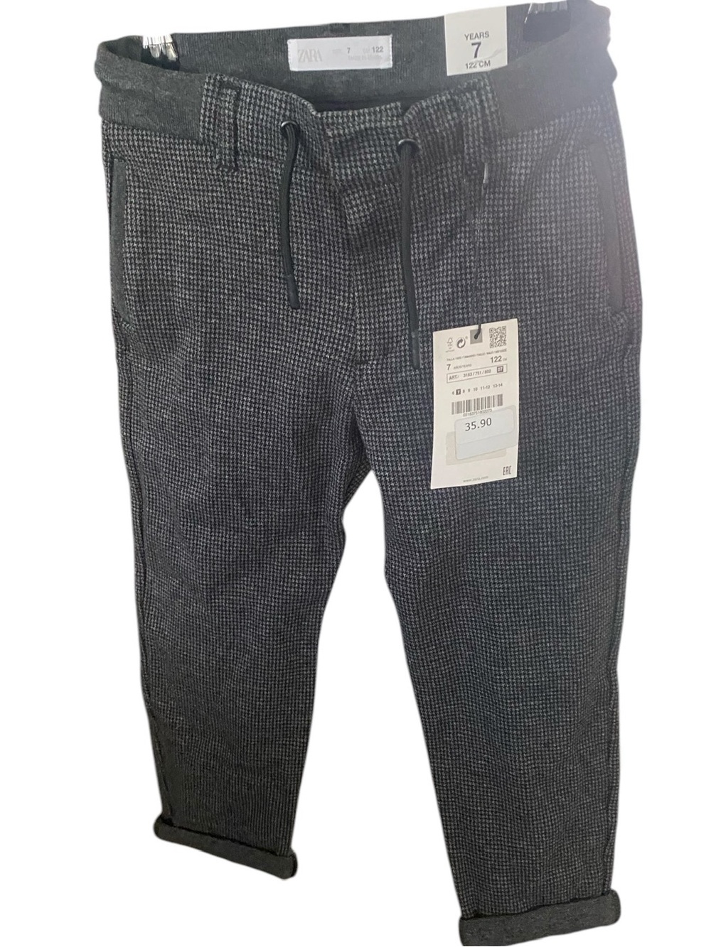 Zara Kids Gray Houndstooth Drawstring Pants Size 7 NWT
